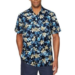 HISDERN Navy Blue Floral Hawaiian Short-Sleeve 100% Cotton Men’s Shirt Size L